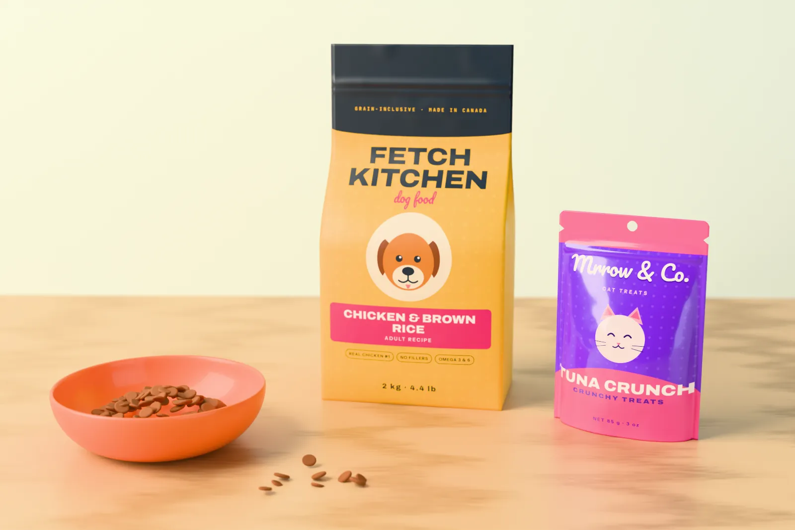 Dog food flat-bottom bag and cat treat pouch beside a bowl of kibble